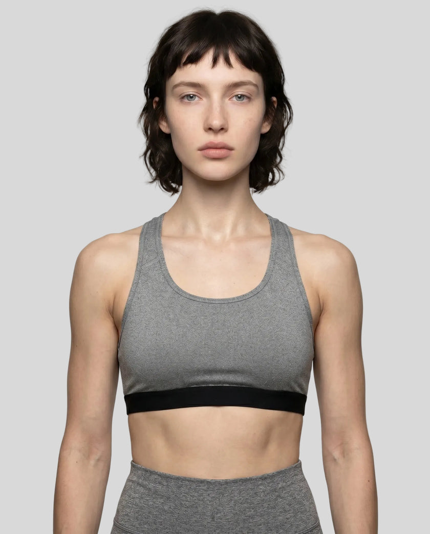 CoreForm Sports Bra in flower gray, front view styled on model