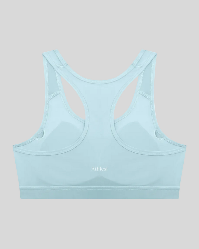 Sky blue CoreForm sports bra back view Athlesi branding