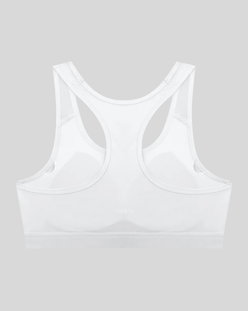 White CoreForm sports bra back view Athlesi branding