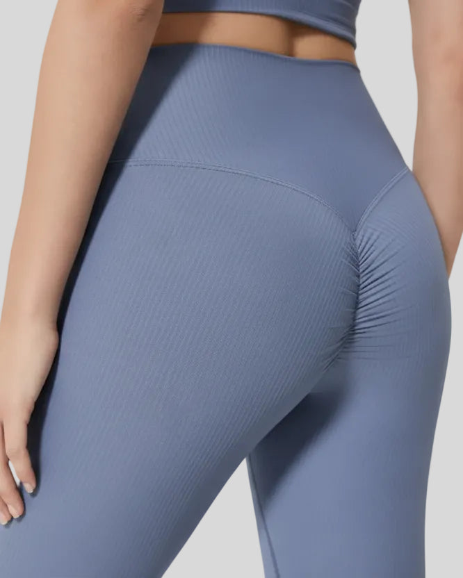 Back seam and ribbed texture closeup on light blue CoreLift Sculpt Legging