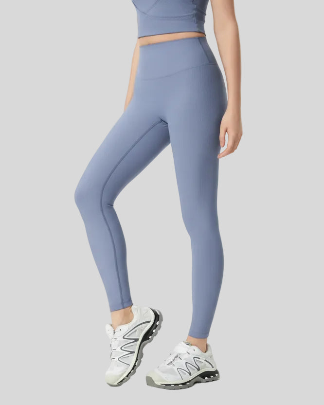 Angled front view of light blue ribbed CoreLift Sculpt Legging