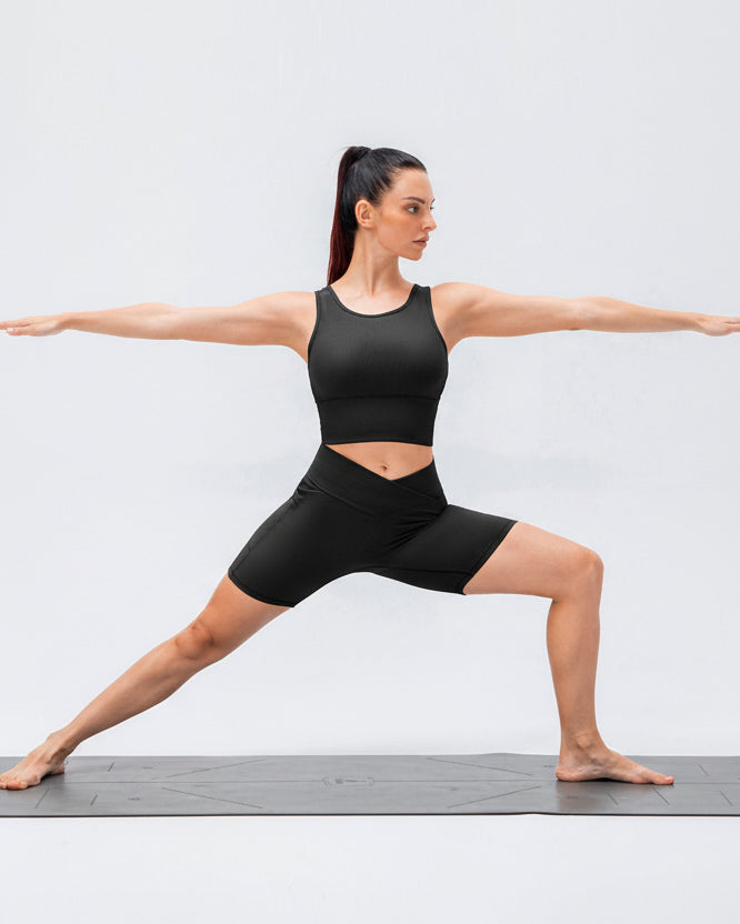 Athlesi CoreLift V-waist pocket short in black, front angle full body view