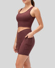 Athlesi CoreLift V-waist pocket short in burgundy, side view