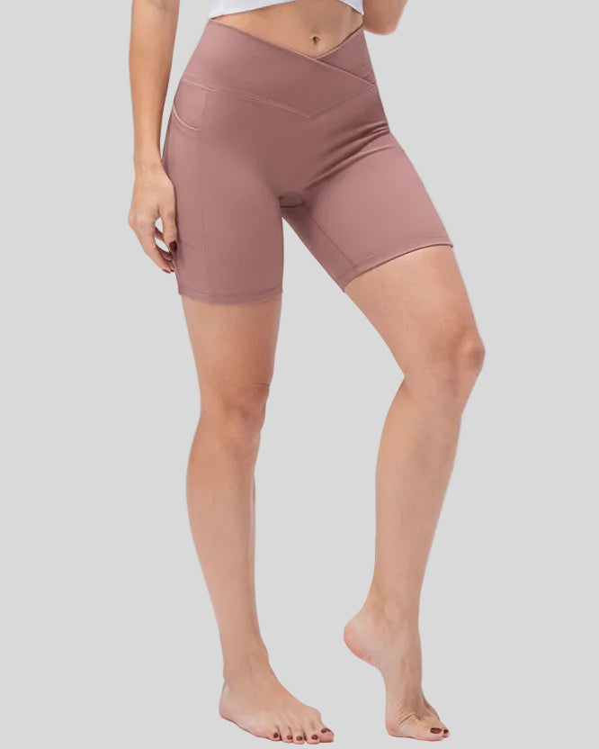 Athlesi CoreLift V-waist pocket short in dusty pink, front angle view