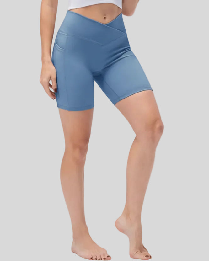 Athlesi CoreLift V-waist pocket short in light blue, front angle mid body view