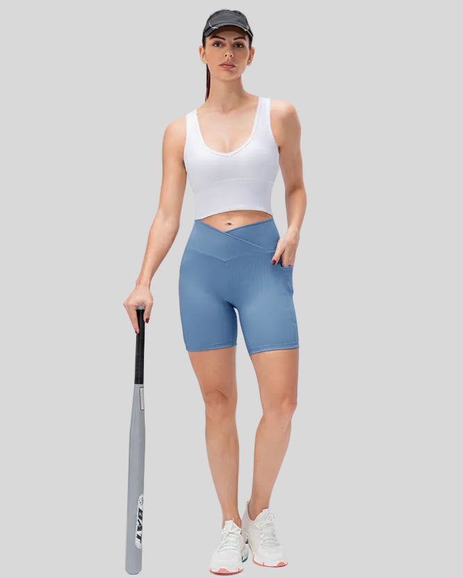 Athlesi CoreLift V-waist pocket short in light blue, front angle view