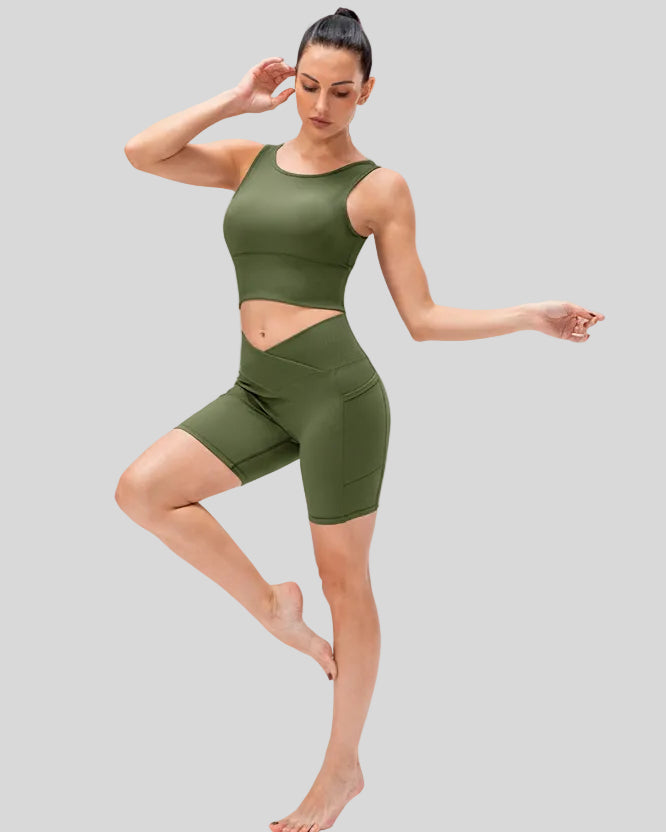 Athlesi CoreLift V-waist pocket short in matcha green, front view