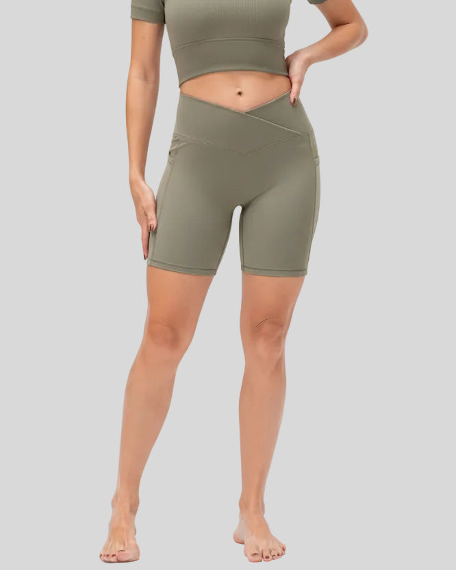 Athlesi CoreLift V-waist pocket short in tan, front view