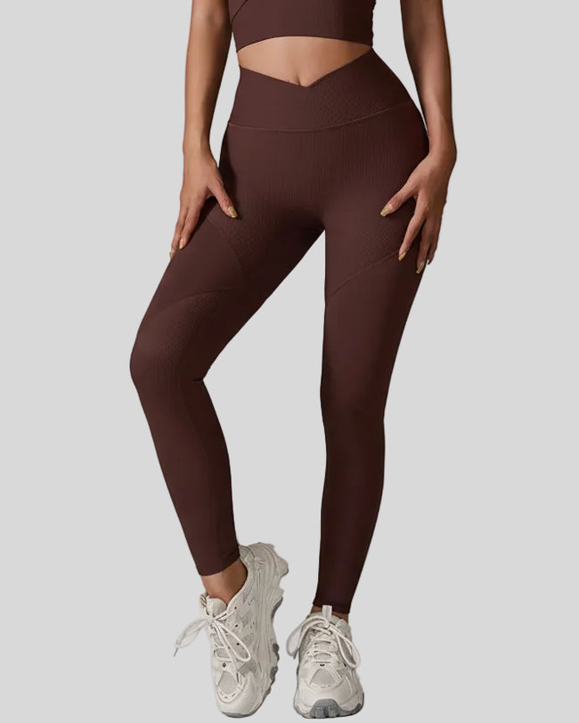 Front view of CoreLift V-Rib Active Legging in brown with ribbed texture