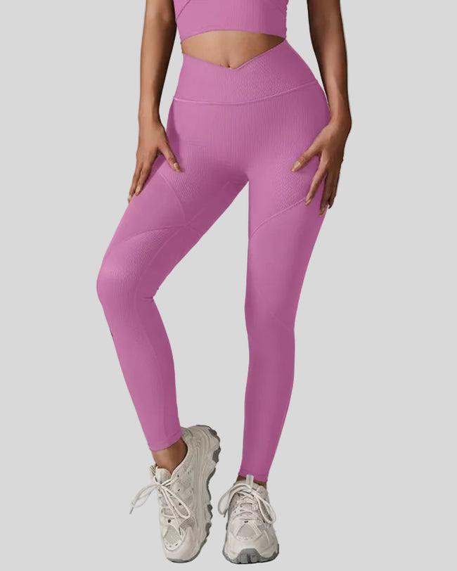 Front view of CoreLift V-Rib Active Legging in pink purple with ribbed texture