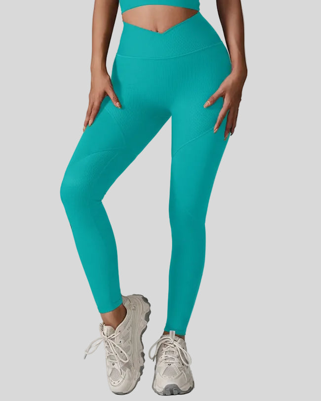 Front view of CoreLift V-Rib Active Legging in teal with ribbed texture