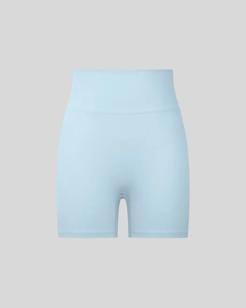 CoreLine Biker Shorts in sky blue, 3D front view with high-waisted fit