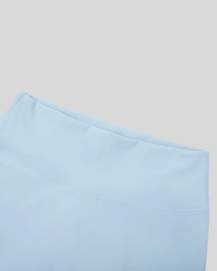 CoreLine Biker Shorts in sky blue, front waistband detail close-up