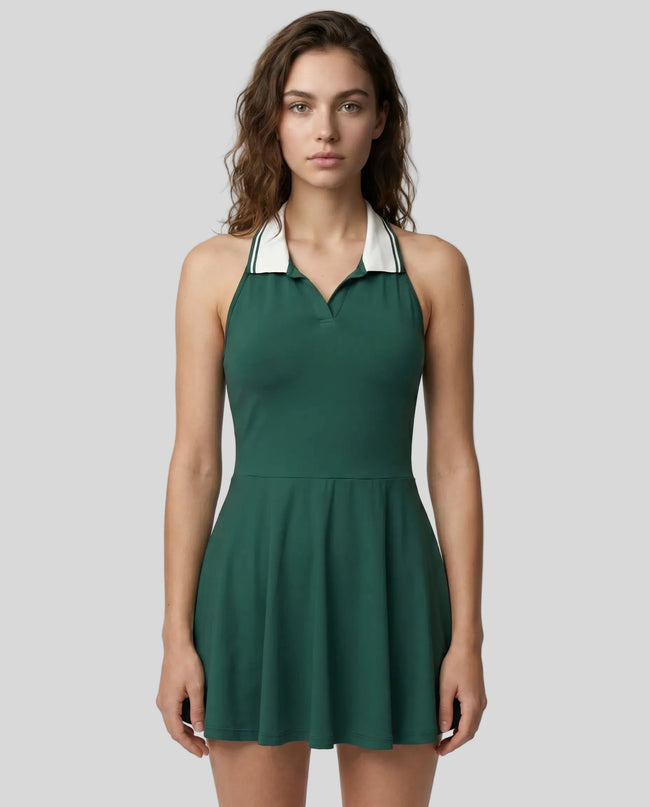 Model wearing blackish green Athlesi CoreLine court dress full front view