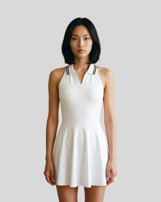 Model wearing white Athlesi CoreLine court dress front