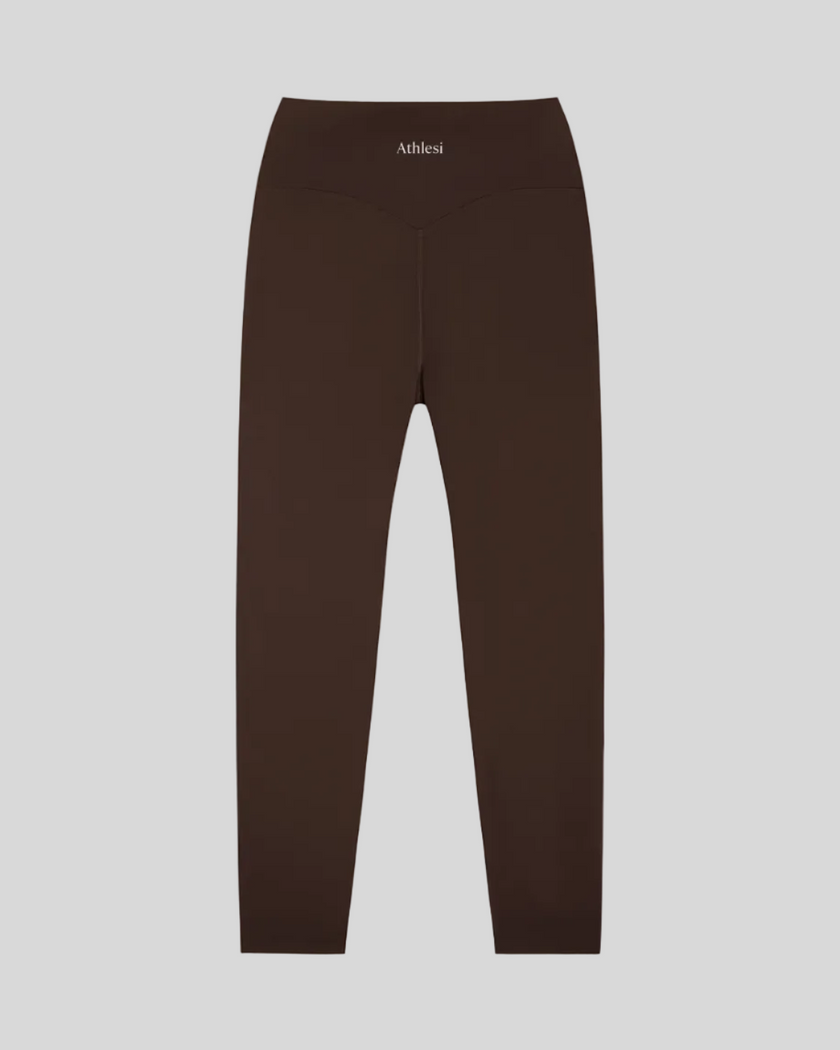 CoreLine High-Waisted Leggings in brown, flatlay back view with high-waisted fit