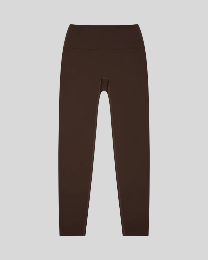 CoreLine High-Waisted Leggings in brown, flatlay front view with high-waisted fit