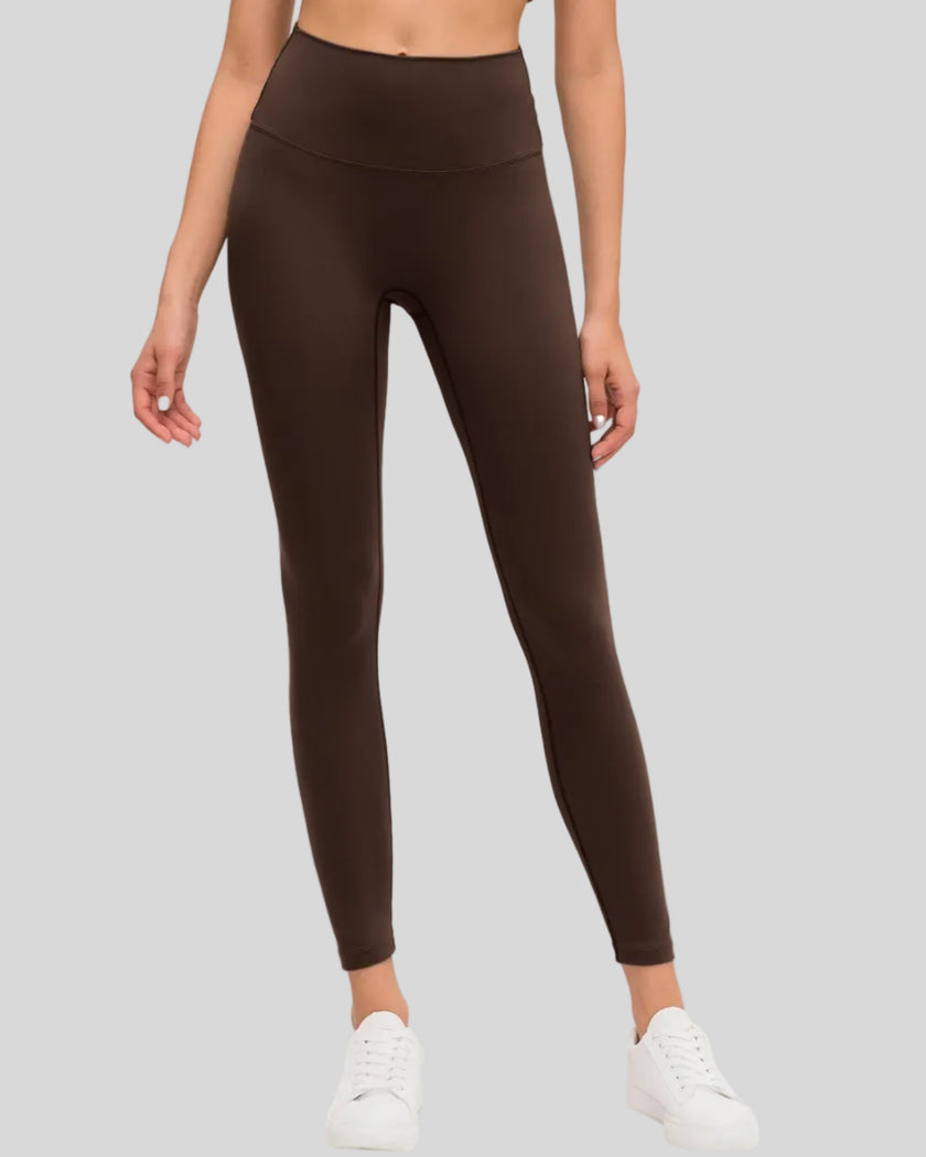 CoreLine High-Waisted Leggings in brown, angled front view showing contour fit