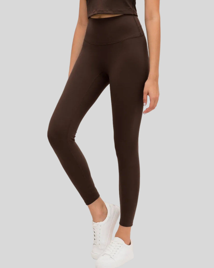 CoreLine High-Waisted Leggings in brown, side view showing silhouette