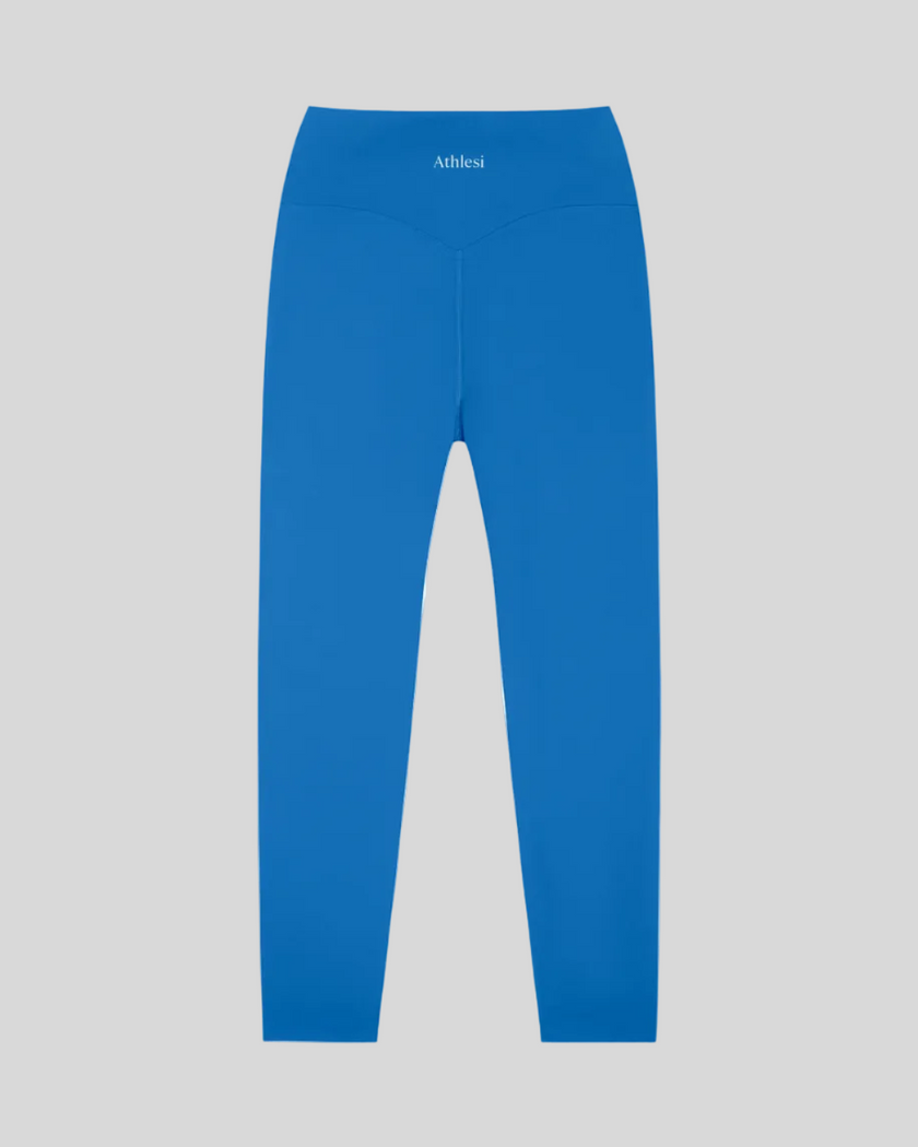 CoreLine High-Waisted Leggings in colorful blue, flatlay back view with high-waisted fit