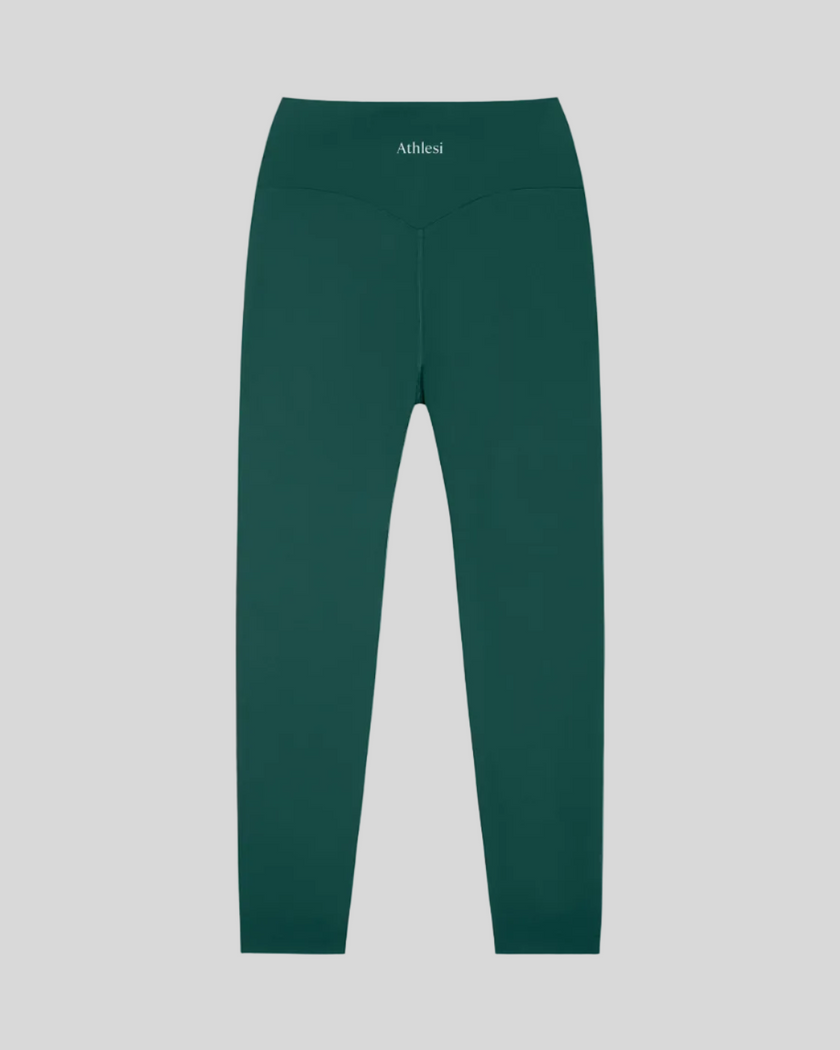 CoreLine High-Waisted Leggings in dark green, flatlay back view with high-waisted fit