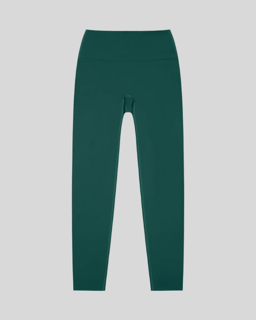 CoreLine High-Waisted Leggings in dark green, flatlay front view with high-waisted fit