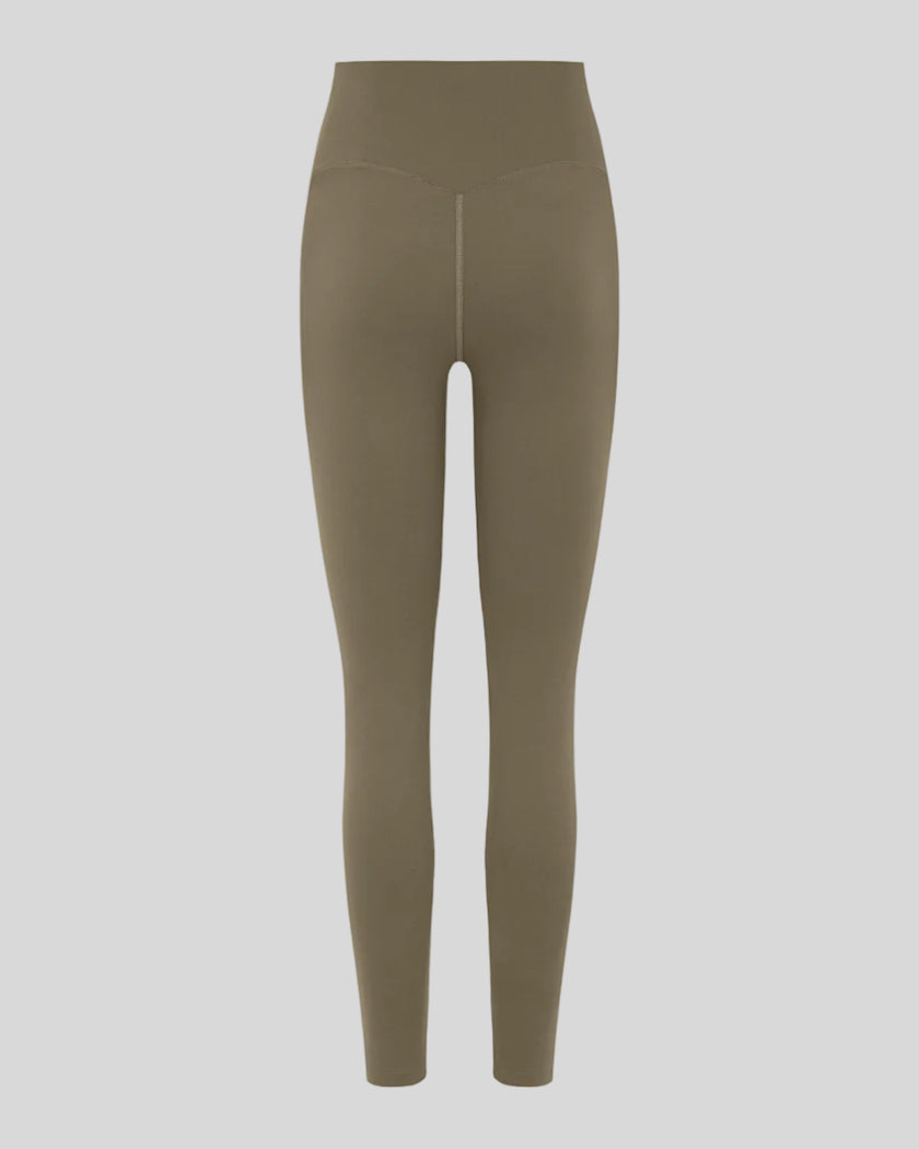 CoreLine High-Waisted Leggings in gray coffee, 3D back view with sculpted waistband