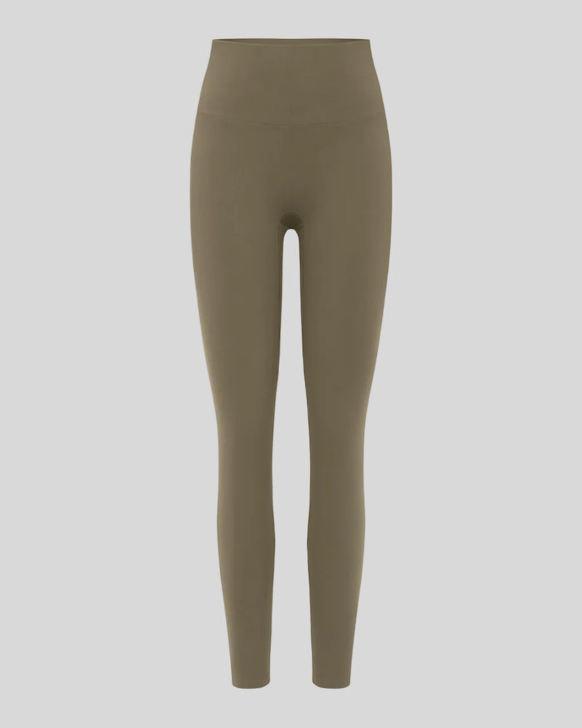 CoreLine High-Waisted Leggings in gray coffee, 3D front view with high-waisted fit