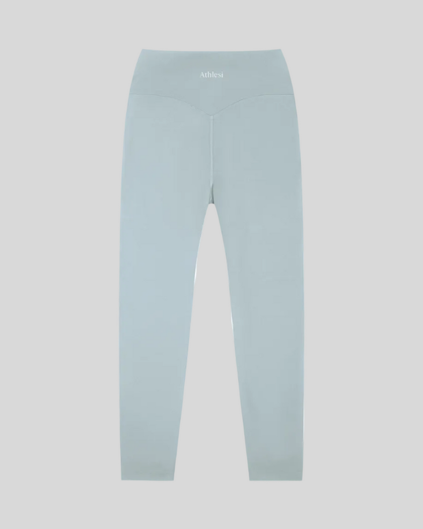 CoreLine High-Waisted Leggings in haze blue, flatlay back view with high-waisted fit
