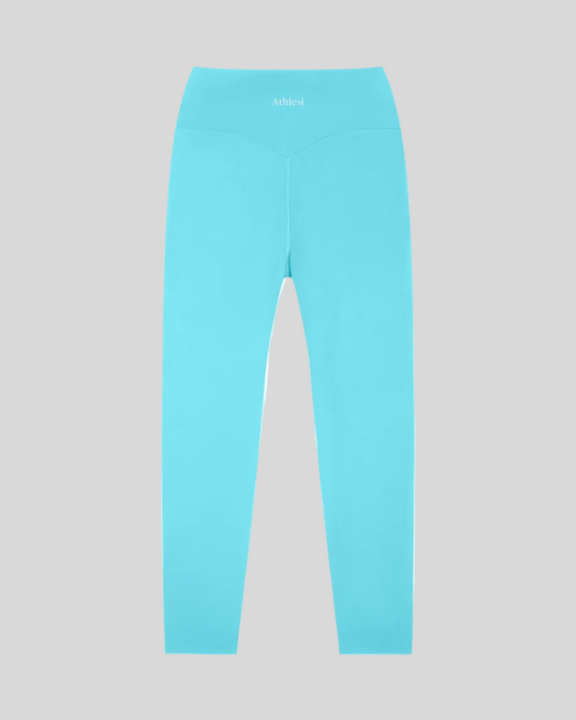 CoreLine High-Waisted Leggings in lake blue, flatlay back view with high-waisted fit