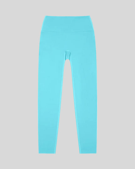 CoreLine High-Waisted Leggings in lake blue, flatlay front view with high-waisted fit