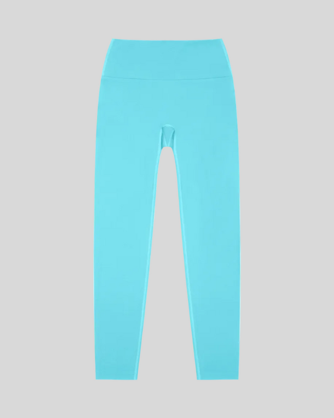 CoreLine High-Waisted Leggings in lake blue, flatlay front view with high-waisted fit