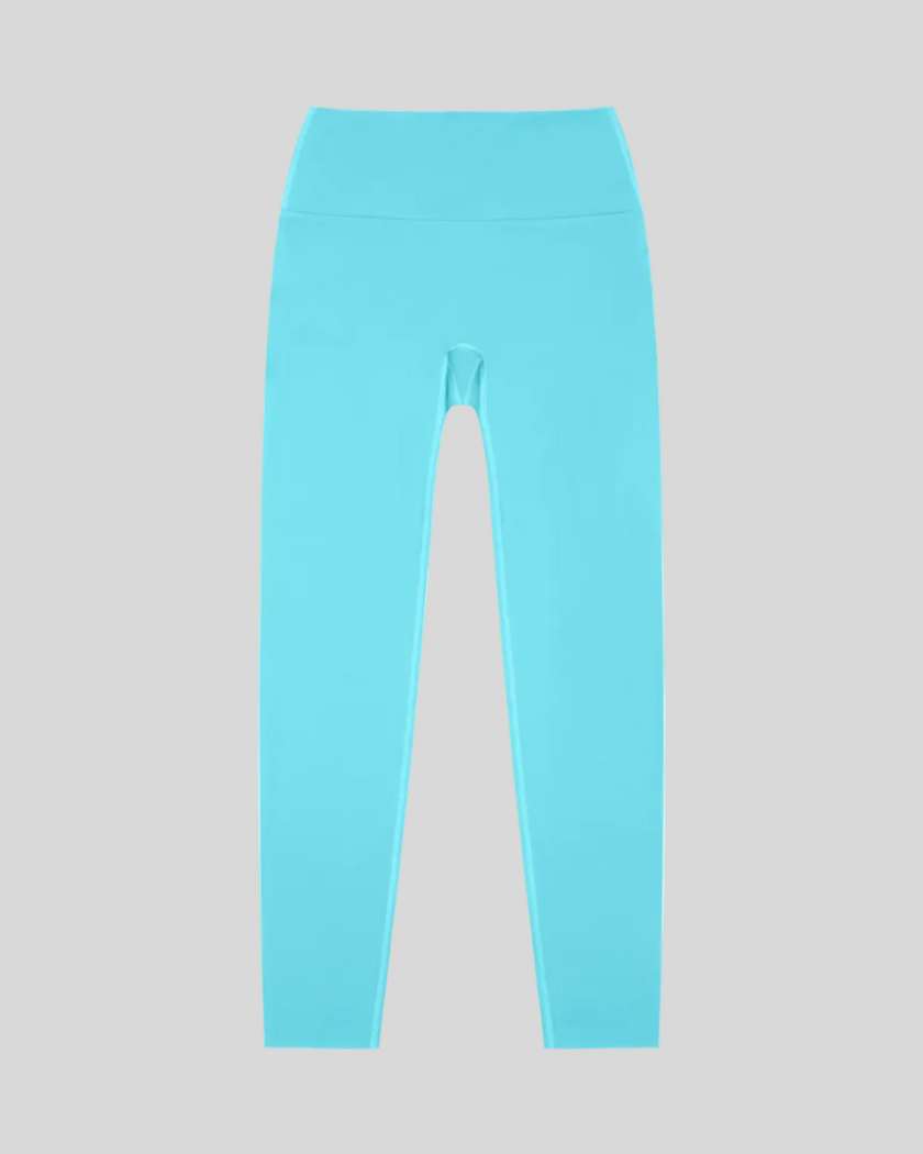 CoreLine High-Waisted Leggings in lake blue, flatlay front view with high-waisted fit