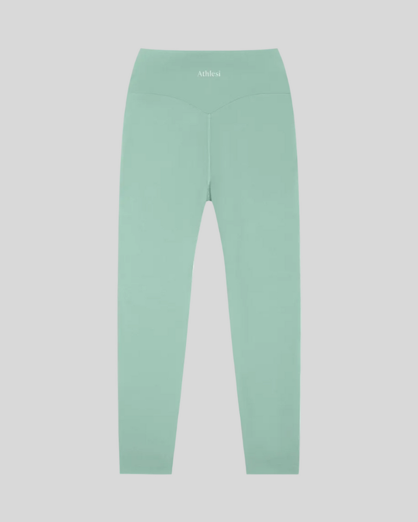 CoreLine High-Waisted Leggings in light green, flatlay back view with high-waisted fit
