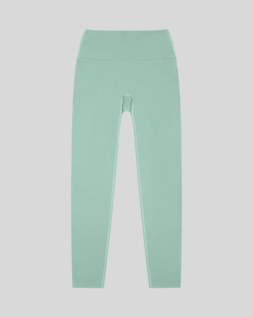 CoreLine High-Waisted Leggings in light green, flatlay front view with high-waisted fit
