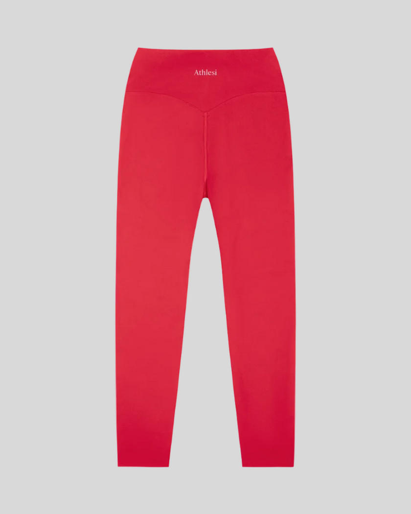 CoreLine High-Waisted Leggings in red, flatlay back view with high-waisted fit