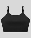 CoreLine Sports Bra in black, 3D front view with scoop neckline and thin straps