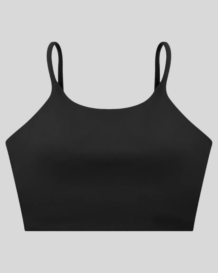 CoreLine Sports Bra in black, 3D front view with scoop neckline and thin straps