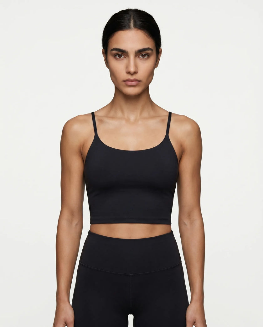 CoreLine Sports Bra in black, front view styled on model