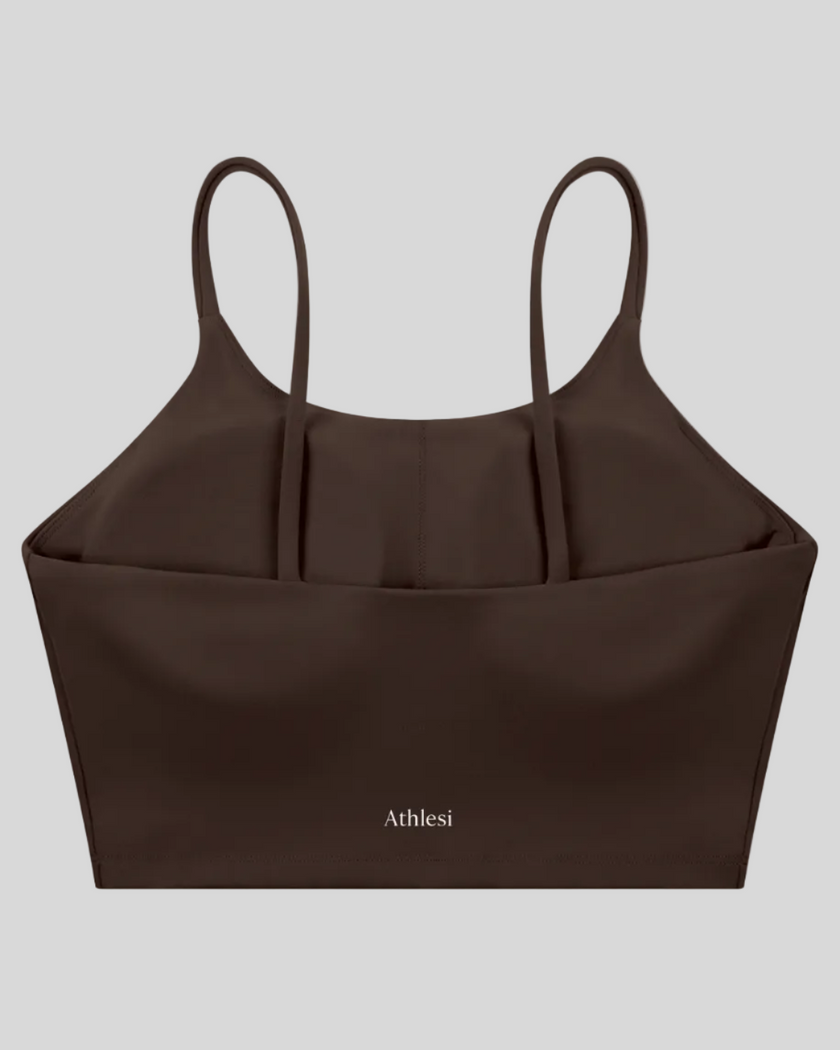 CoreLine Sports Bra in coffee, 3D back view with clean minimal structure