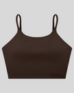 CoreLine Sports Bra in coffee, 3D front view with scoop neckline and thin straps