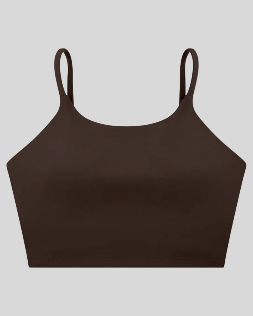 CoreLine Sports Bra in coffee, 3D front view with scoop neckline and thin straps