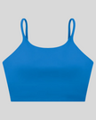 CoreLine Sports Bra in colorful blue, 3D front view with scoop neckline and thin straps