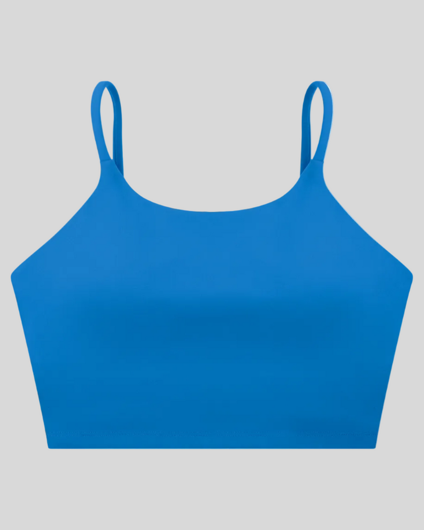 CoreLine Sports Bra in colorful blue, 3D front view with scoop neckline and thin straps