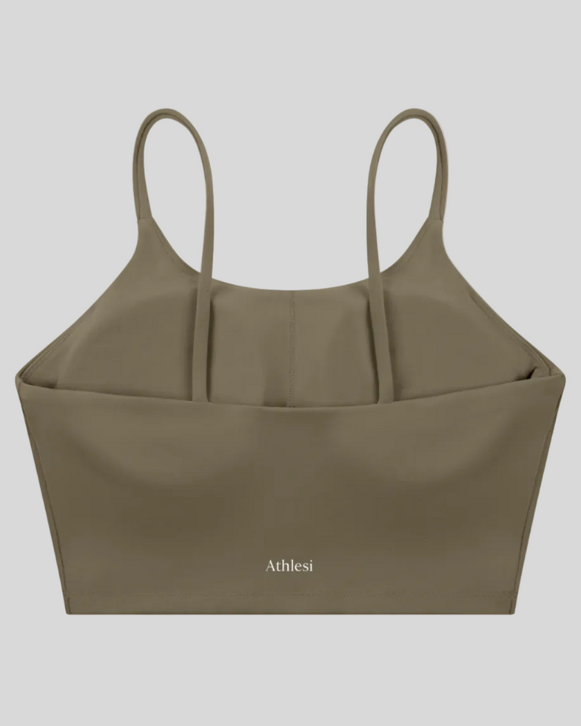 CoreLine Sports Bra in gray coffee, 3D back view with clean minimal structure