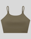 CoreLine Sports Bra in gray coffee, 3D front view with scoop neckline and thin straps
