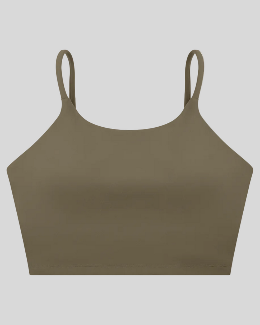 CoreLine Sports Bra in gray coffee, 3D front view with scoop neckline and thin straps