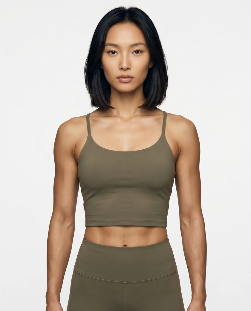 CoreLine Sports Bra in gray coffee, front view styled on model
