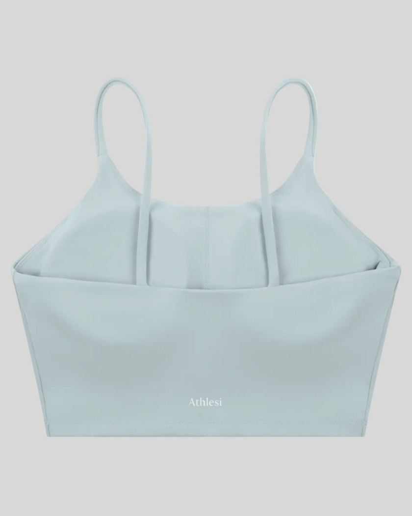CoreLine Sports Bra in haze blue, 3D back view with clean minimal structure