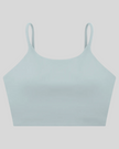 CoreLine Sports Bra in haze blue, 3D front view with scoop neckline and thin straps